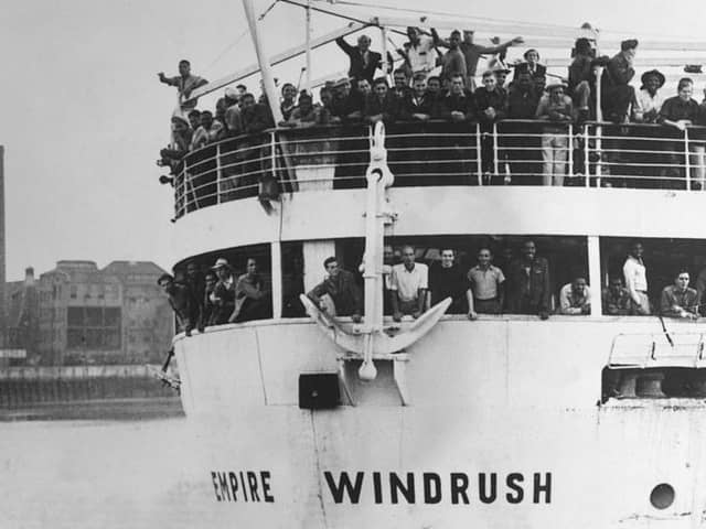 The ex-troopship Empire Windrush arriving at Tilbury Docks in 1948 with 482 Jamaicans emigrating to Britain on board