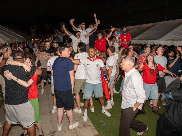 Football fans watching England vs Norway in the garden of The Black Prince in Northampton on Saturdy, July 11, 2026. Photo by David Jackson.