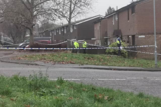 This was the crime scene in Flaxwell Court, Standens Barn, on Thursday at 3pm, where police were investigating the murder of a man in his 20s.