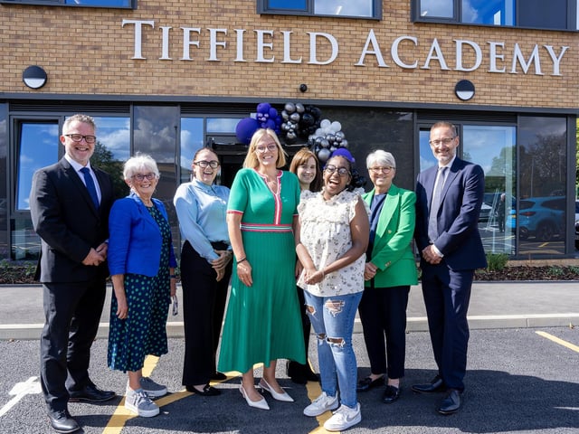 Left to right: Ben Pearson, West Northamptonshire Council (WNC) Assistant Director for Education; WNC Cllr Fiona Baker; Cllr Kathryn Shaw, WNC Cabinet Member for Children, Families and Skills, Emma Butler, Principal at Tiffield Academy; Bonnie Pawlusek, Deputy Principal at Tiffield Academy; Mirah Mshudulu, Pupil at Purple Oaks Academy; Anna Earnshaw, WNC Chief Executive; Graham Feek, Deputy Chief Executive at Greenwood Academies Trust.
