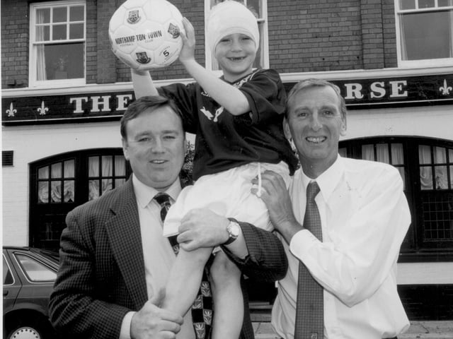 Gary McManus and Graham Walker with Cobblers mascot, Daniel Doyle May 1997