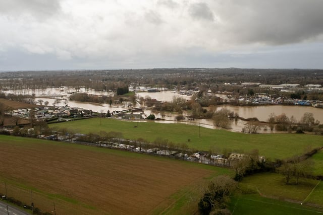 Flooding of the River Nene in Northampton on Wednesday, January 3, 2024. Pictured between Brackmills Industrial Estate and White Mills Marina - including Billing Aquadrome.