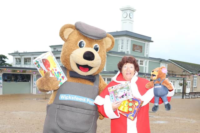 WIcky Bear with Jeanette Walsh aka Mother Christmas. People can donate brand new gifts at Wicksteed Park during opening hours/National World