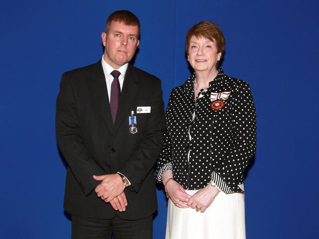 2013 - Northamptonshire Police Long Service awards ceremony takes place at their Headquarters, Wootton Hall, Northampton. Det Sgt Ian Stock, presented by Deirdre Newham.