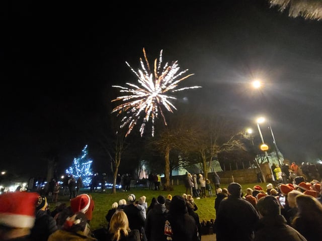 Earls Barton celebrates Christmas Eve in the Square - Fireworks by All Saints Church were a beautiful way to cap off the evening