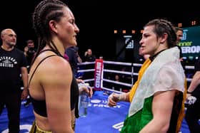 Chantelle Cameron chats to Katie Taylor after their fight at the weelend (Picture: Mark Robinson / Matchroom Boxing)