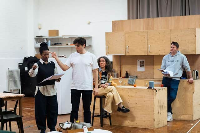 The cast in rehearsal for 2:22 A Ghost Story. Photo by Helen Murray