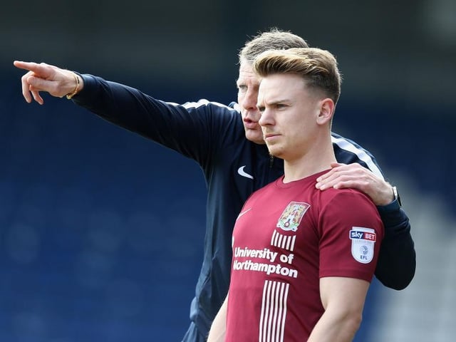 The 2017/18 campaign was one to forget for Hoskins and his team. He scored twice in 29 games as Cobblers were relegated. He did net against Bury (pictured) as they briefly threatened to escape from danger under Dean Austin but it proved to be a false dawn.