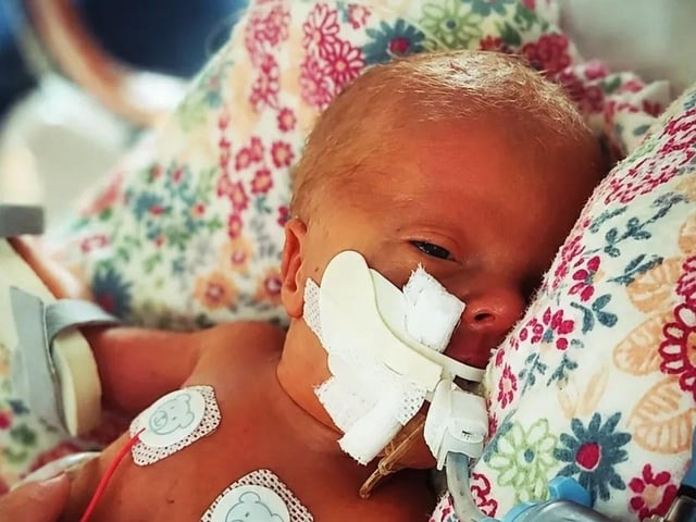 Theodore born at 3.20pm on April 25, weighing 2lbs 2oz.