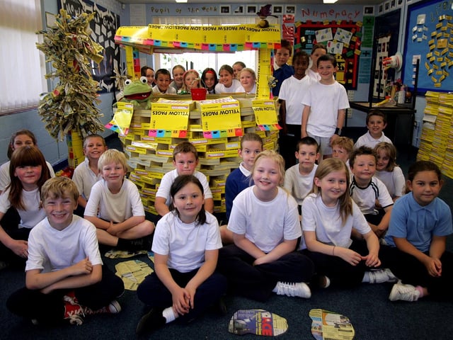 Children at Weedon Bec Primary School who recycled yellow pages and made a sculpture.