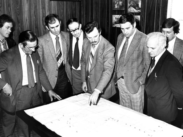 September 1980.
Managment Team. Left to right; David Betts, under-manager Northside, Cyril Perkins, surface superintendent, Brian Wright, deputy manager, Jack Storr, surveyor, Terry Wheatley, manager, Ken Fidler, under-manager Southside, Carl King, Unit Electrician and Keith Raynor, Safety Engineer