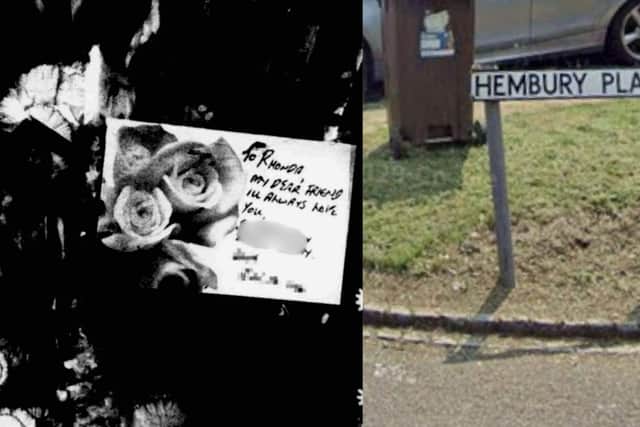 Left: A tribute left to Rhonda at the scene back in 2000 (picture from Chronicle & Echo). Right: Rhonda was found dead in her home in Hembury Place, Briar Hill (Google).