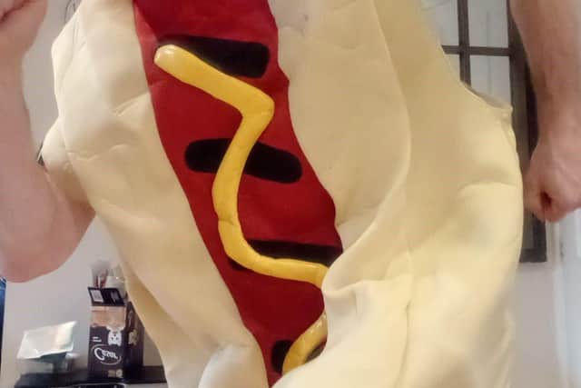 Tony Begley, prepared for his London Marathon challenge dressed as a Hot Dog.