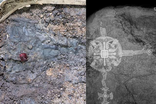 Harpole Burial cross side by side with x-ray image
