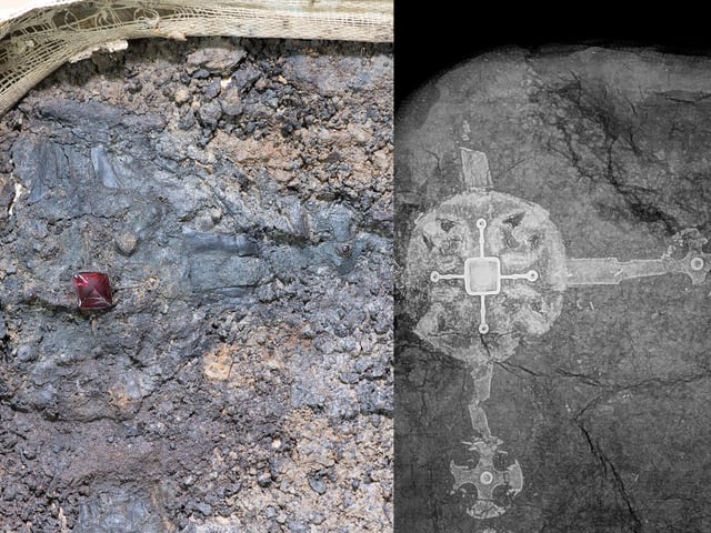 Harpole Burial cross side by side with x-ray image