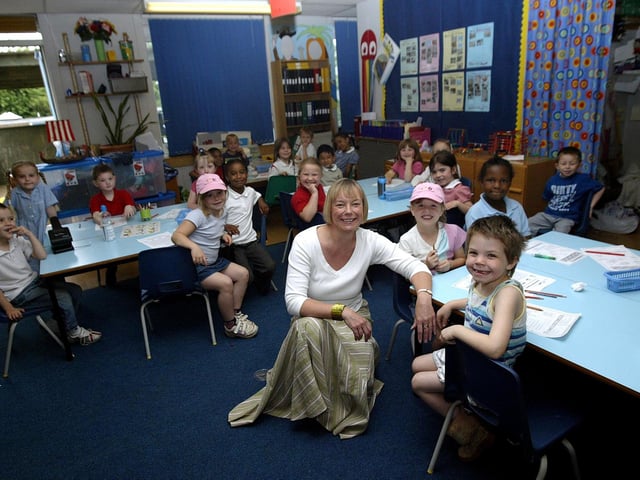 New head at Thorplands Primary School, Angela Pratt with some pupils.