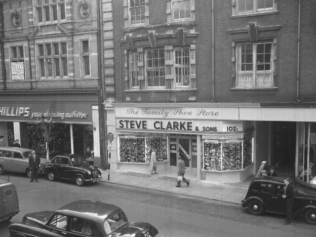 Shopping street with Steve Clarke and Sons and Phillips stores
