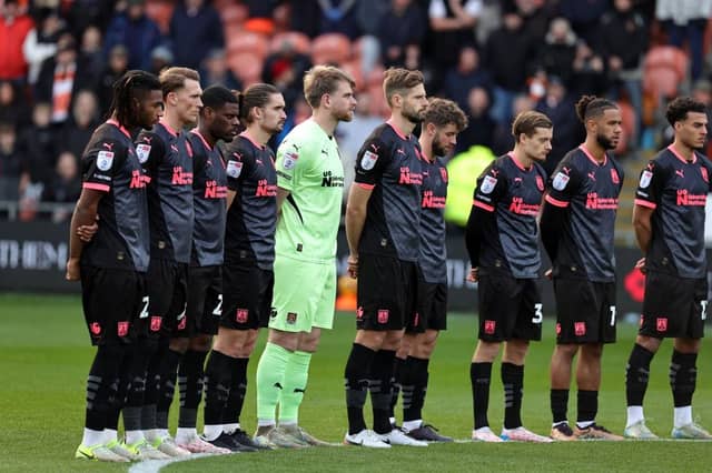 Cobblers players observe a period of silence to commemorate Remembrance Day during the Sky Bet League One match between Blackpool FC and Northampton Town. (Photo by Pete Norton/Getty Images)