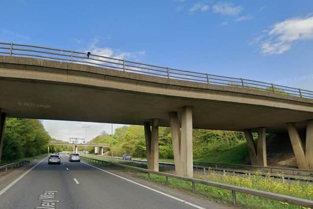 Police said an object was thrown from the bridge over the A45 at Riverside (pictured), which hit the windscreen of a passing car, causing it to crack.