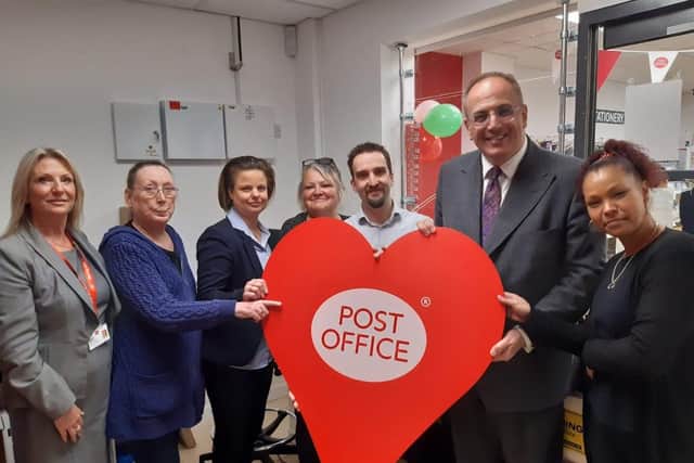 l-r Gwyn Botterill (Owner’s friend), Post Office Network Provision Lead Tony Bayley, Postmaster Frédérick Brejouin, Michael Ellis MP, Anikó Gondos, Post Office Network Provision Lead Tony Bayley, Postmaster Frédérick Brejouin, Michael Ellis MP, Claire Vernon, Aniko Gondos, Sue Viner, Caroline Walters, Lucy Kirwin Head of Post Office Colleague Communications, Post Office Area Manager Karen Mcilroy.