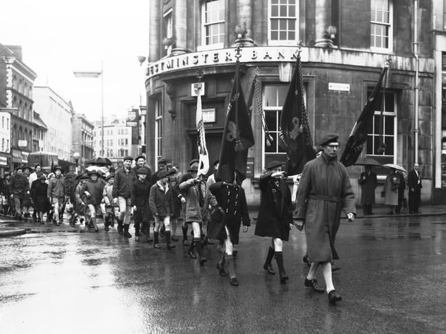 St George's Day Scout parade down The Drapery to All Saints Church, April 24, 1966