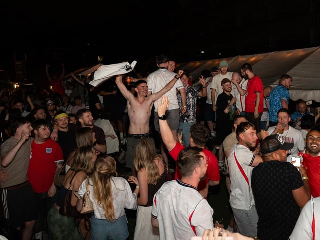 Football fans watching England vs Norway in the garden of The Black Prince in Northampton on Saturday, July 11, 2026. Photo by David Jackson.