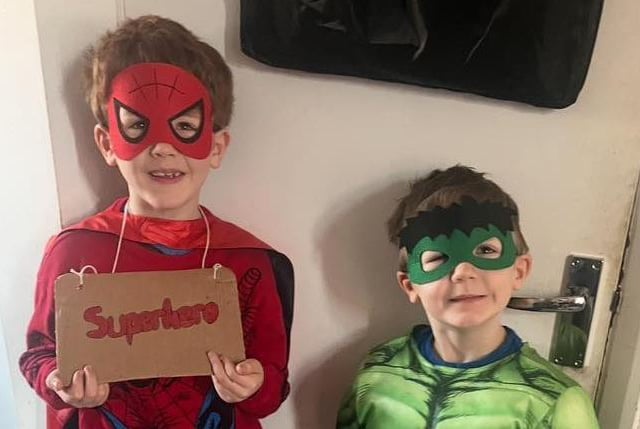 Freddie, aged five, as Hulk and Noah, aged six, as Spiderman,