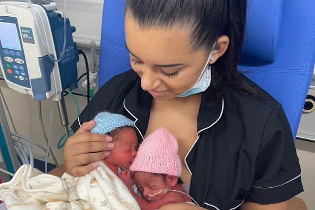 Dakota and her twins, Marley and Winnie, who spent 30 days in the Neonatal Intensive Care Unit after being born at 32 weeks.