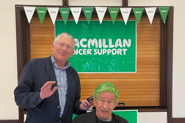 Nick Hewer joins the ranks of Macmillan 'Brave the Shave' barbers to support local man Chris Harris