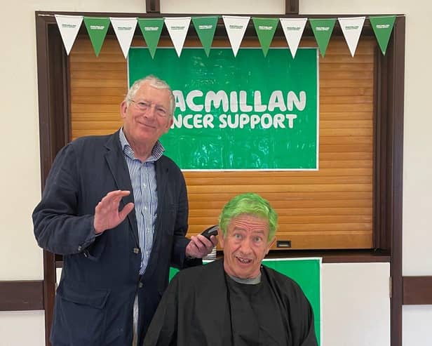 Nick Hewer joins the ranks of Macmillan 'Brave the Shave' barbers to support local man Chris Harris