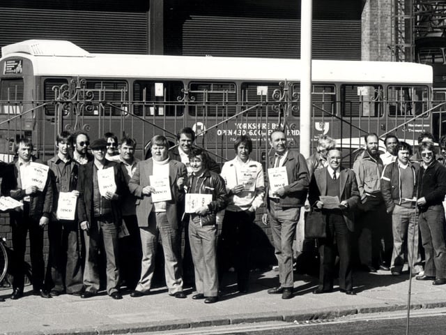 Northampton Corporation Transport employees outside the St James bus depot, 1980