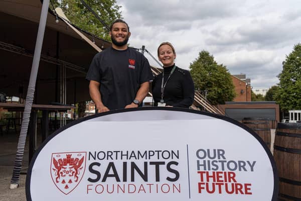 Saints captain Lewis Ludlam is pictured with Catherine Deans, Managing Director of the Northampton Saints Foundation