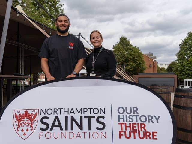 Saints captain Lewis Ludlam is pictured with Catherine Deans, Managing Director of the Northampton Saints Foundation
