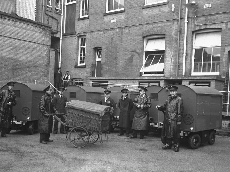 New GPO postal carts outside sorting office, Derngate, Northampton, June 27, 1958