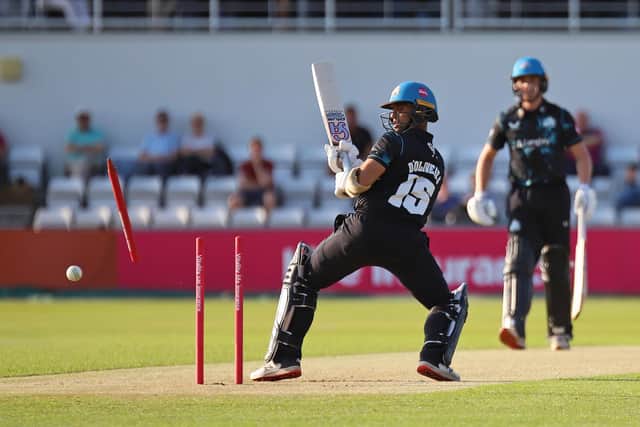 Brett D'Oliveira is bowled by Tom Taylor (Picture: Peter Short)