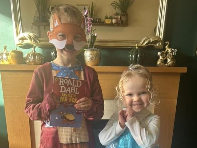 Thomas, aged seven, as Fantastic Mr Fox and Aurora, aged four, as Elsa.