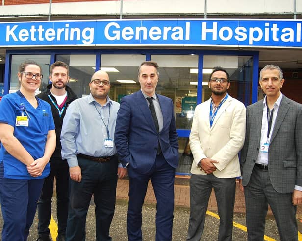 L-R The Pouch Service team - Stoma and Pouch Nurse Specialist Helen Drage, Dietician Jon Lawrence, Consultant Colorectal and IBD Surgeon, Mr Triantafyllos Doulias, Registrar Yasser Radwan, Inflammatory Bowel Disease lead, and Consultant Gastroenterologist, Dr Farhad Peerally and Consultant Colorectal Surgeon Mr Khalid Hureibi.