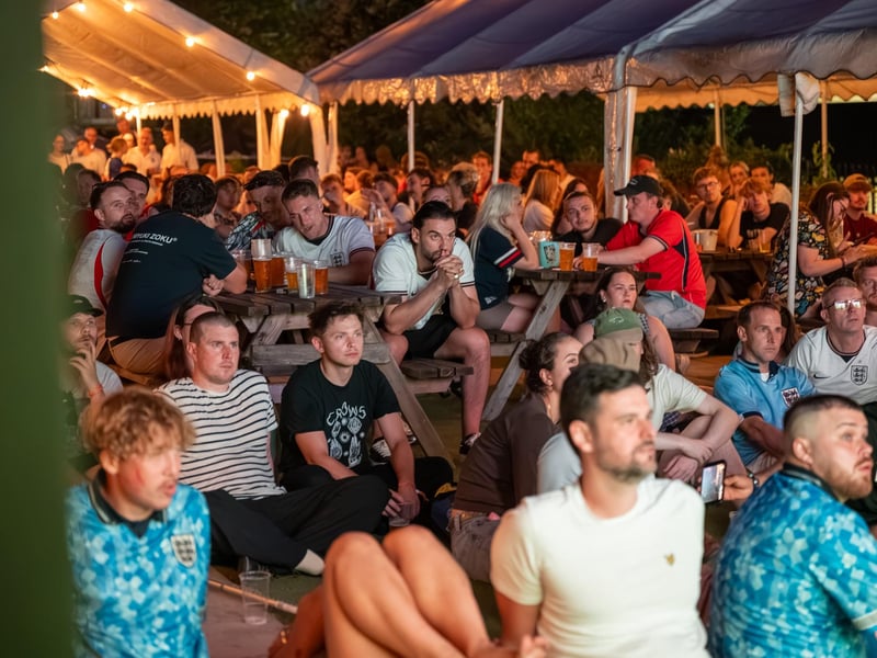 Football fans watching England vs Panama in the garden of The Black Prince in Northampton on Saturday, June 27, 2026. Photo by David Jackson.