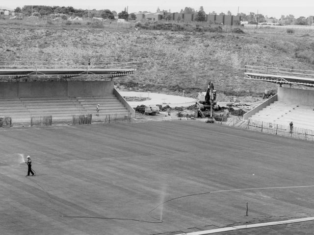 Watering the turf during constriction of Sixfields Stadium, Northampton 1994