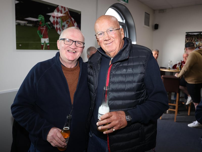 Former Northampton Town players John Buchanan and Stuart Robertson pose prior to the Sky Bet League Two between Northampton Town and Salford City at Sixfields on October 08, 2022 in Northampton, England. (Photo by Pete Norton/Getty Images)