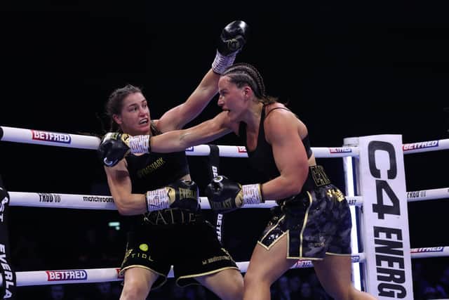 Chantelle Cameron on the attack against Katie Taylor  (Picture: Mark Robinson / Matchroom Boxing)