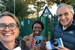 Helen Harrison campaigning on the night of Peter Bone's suspension from Parliament with local town council candidate Faith Hewitt.