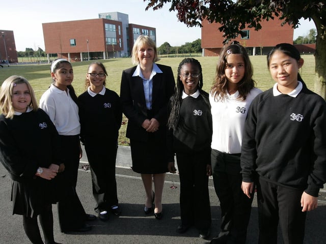 Northampton School for Girls. New head Julia Harley with students. Pictured: Chloe Finnerty, Sayeeda Begum, Tia Benstead, head Julia Harley, Judith Kodi, Amy Pattison and Eunice Cheung. Pictured in 2009