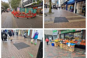 Abington Street. Preparation works taking place in September (top left), the subsequent freshly tarmacked bits following the prep works. And a shop acting as a market despite market traders not being allowed on the street.