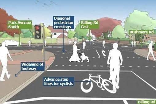 WNC has confirmed plans to improve cycle and pedestrian routes around the Abington Park Area are anticipated to start in Autumn 2024. Here's what the Billing Road/Rushmere Road junction will look like.