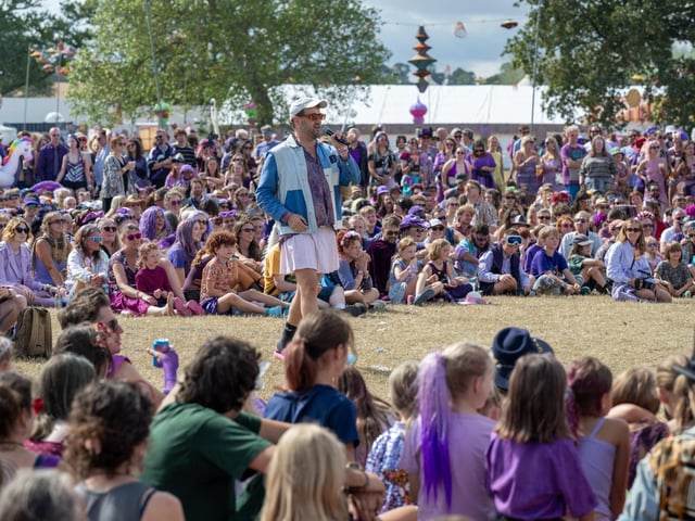 Shambolympics host Robin Clyfan talking to crowds during the competition finals at Shambala on Sunday, August 30, 2026. Photo by David Jackson.