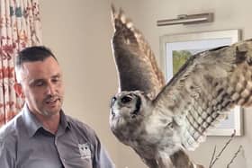Jason with Brooklyn, a Verreaux Eagle Owl