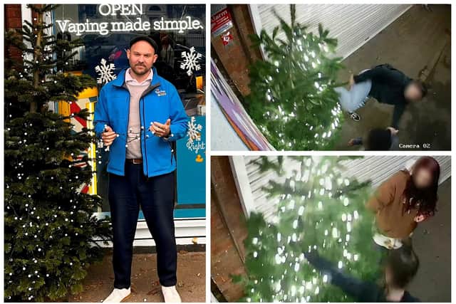 Ryan Michlig, with his tree which was trashed by yobs outside his vape shop in Kingsley Park Terrace, Northampton