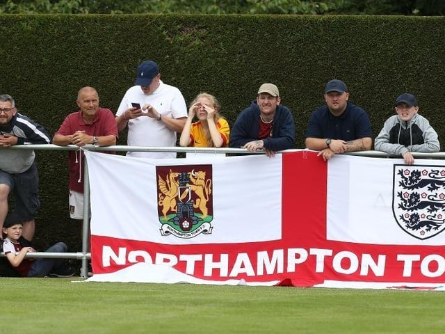Northampton Town fans look on during the Pre-Season Friendly match between Sileby Rangers and Northampton Town at Fernie Fields on July 10, 2021.