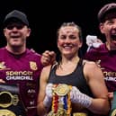Chantelle Cameron with Jamie Moore (left) and Nigel Travis after beating Katie Taylor in May